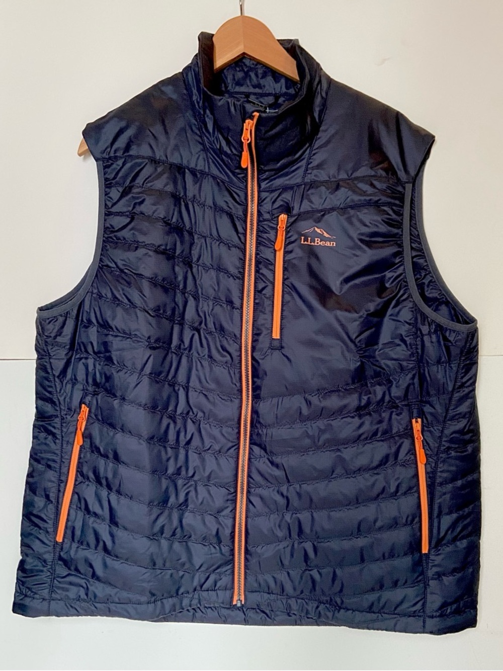 L.L. Bean Navy Quilted Vest with Bright Orange Zipper Accents